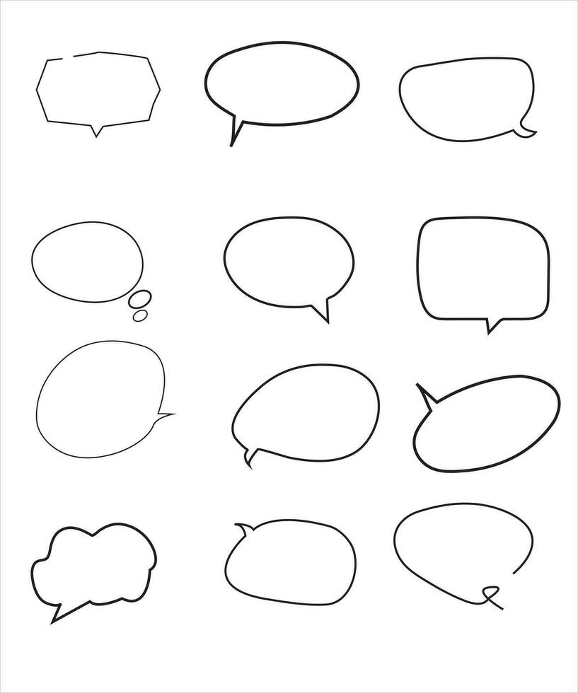 Vector Set of speech bubbles. Dialog box icon, message template. Doodle clouds for text, lettering. Different shape of empty balloons for talk on blue background. Flat vector illustration.