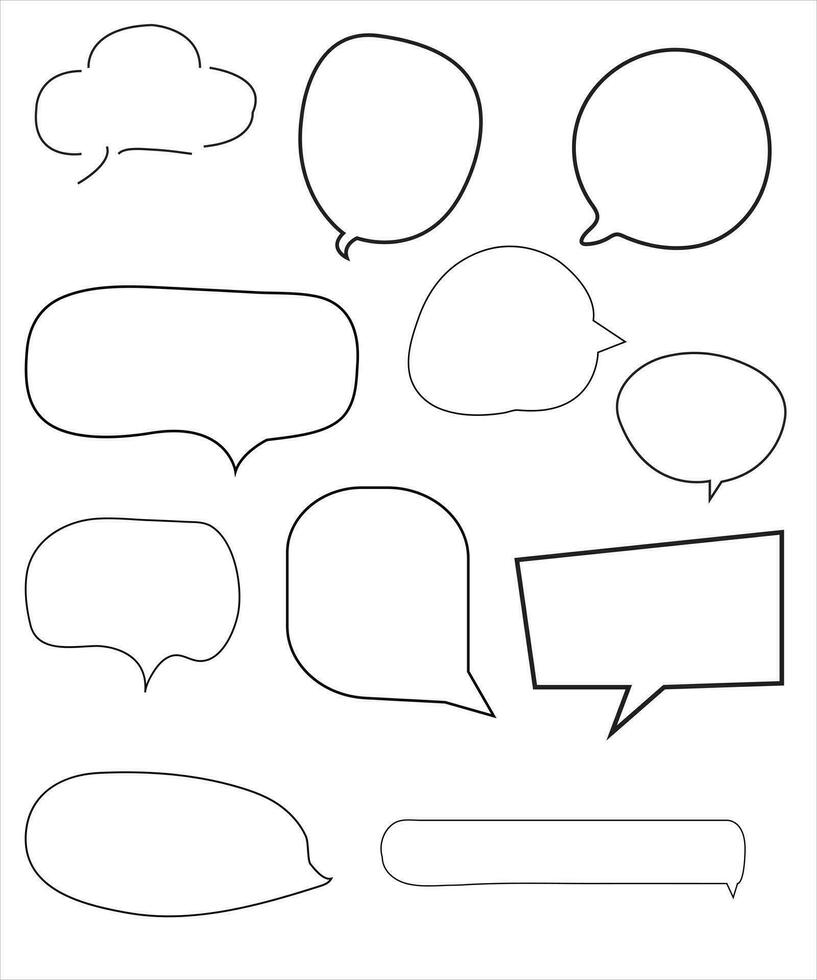 Vector Set of speech bubbles. Dialog box icon, message template. Doodle clouds for text, lettering. Different shape of empty balloons for talk on blue background. Flat vector illustration.