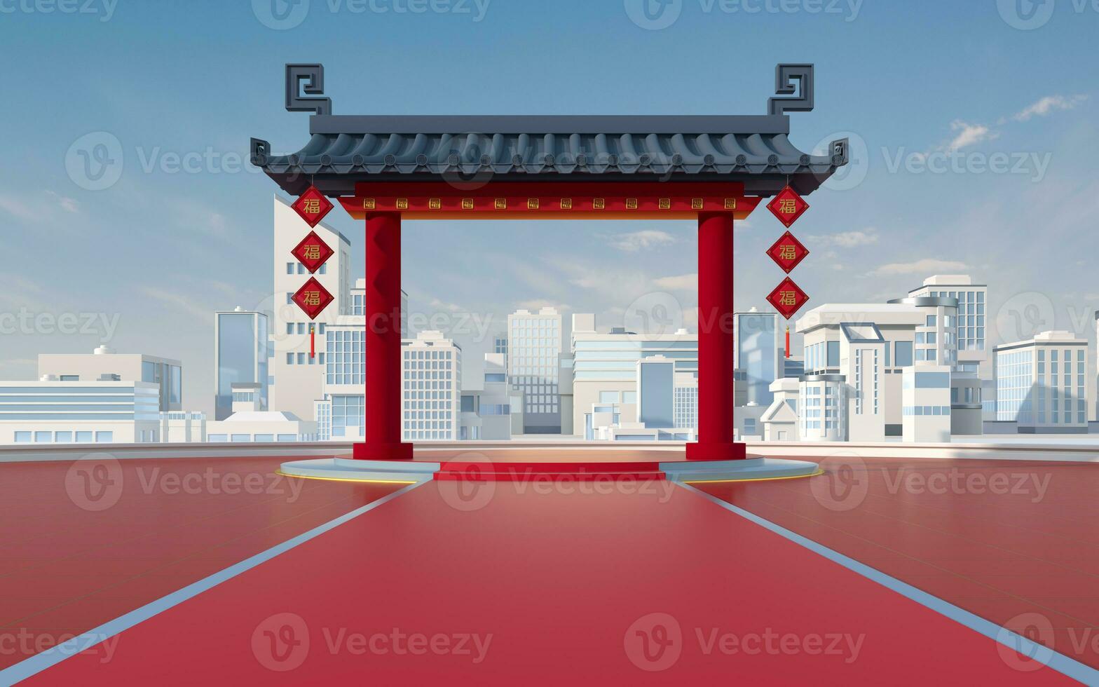 Chinese gate with white urban model , 3d rendering. photo