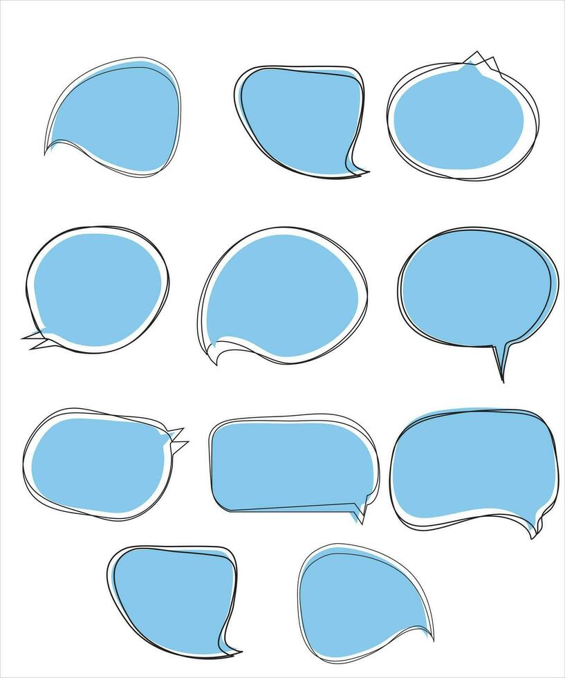 Vector Set of speech bubbles. Dialog box icon, message template. Blue clouds for text, lettering. Different shape of empty balloons for talk on isolated background. Flat vector illustration