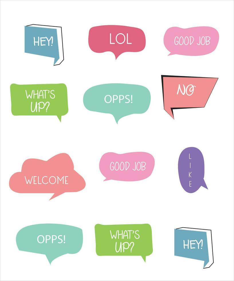 Set of speech bubbles with short phrases yes, thank you, ok, omg, hello, sorry, welcome. vector