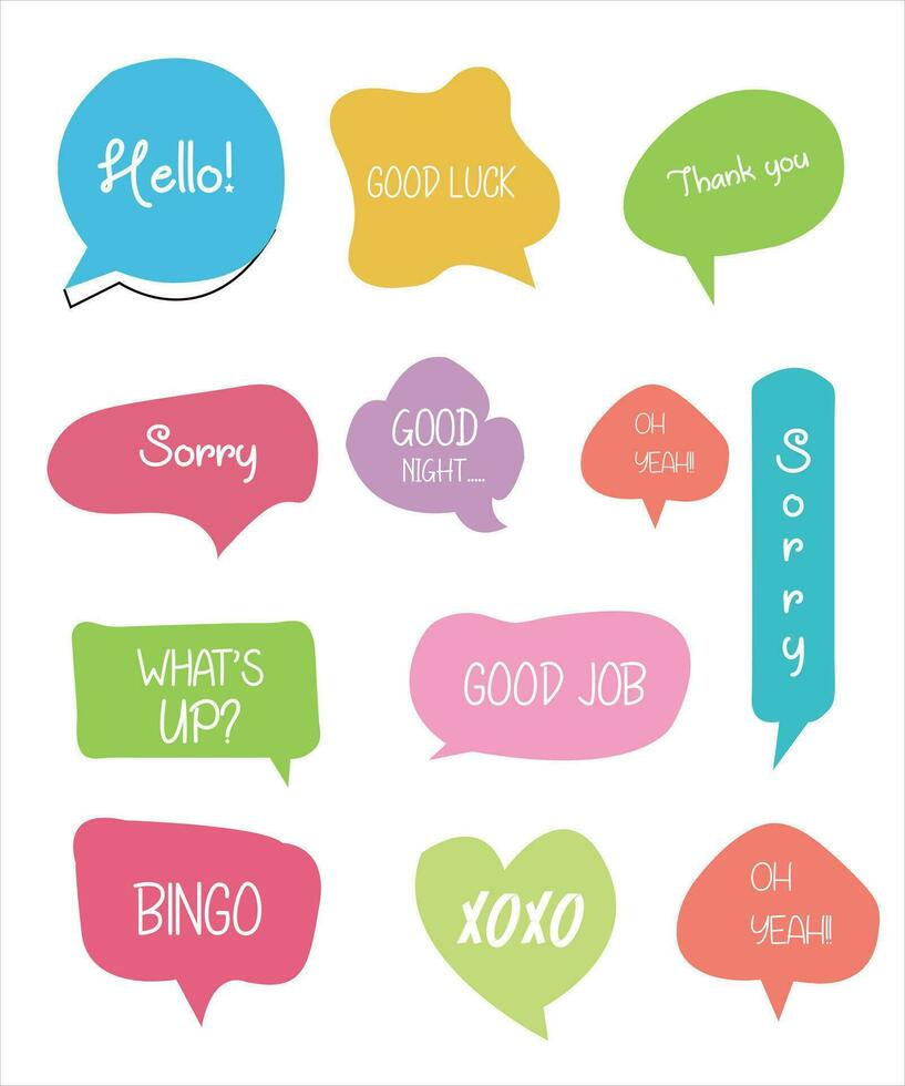 Set of speech bubbles with short phrases yes, thank you, ok, omg, hello, sorry, welcome. vector