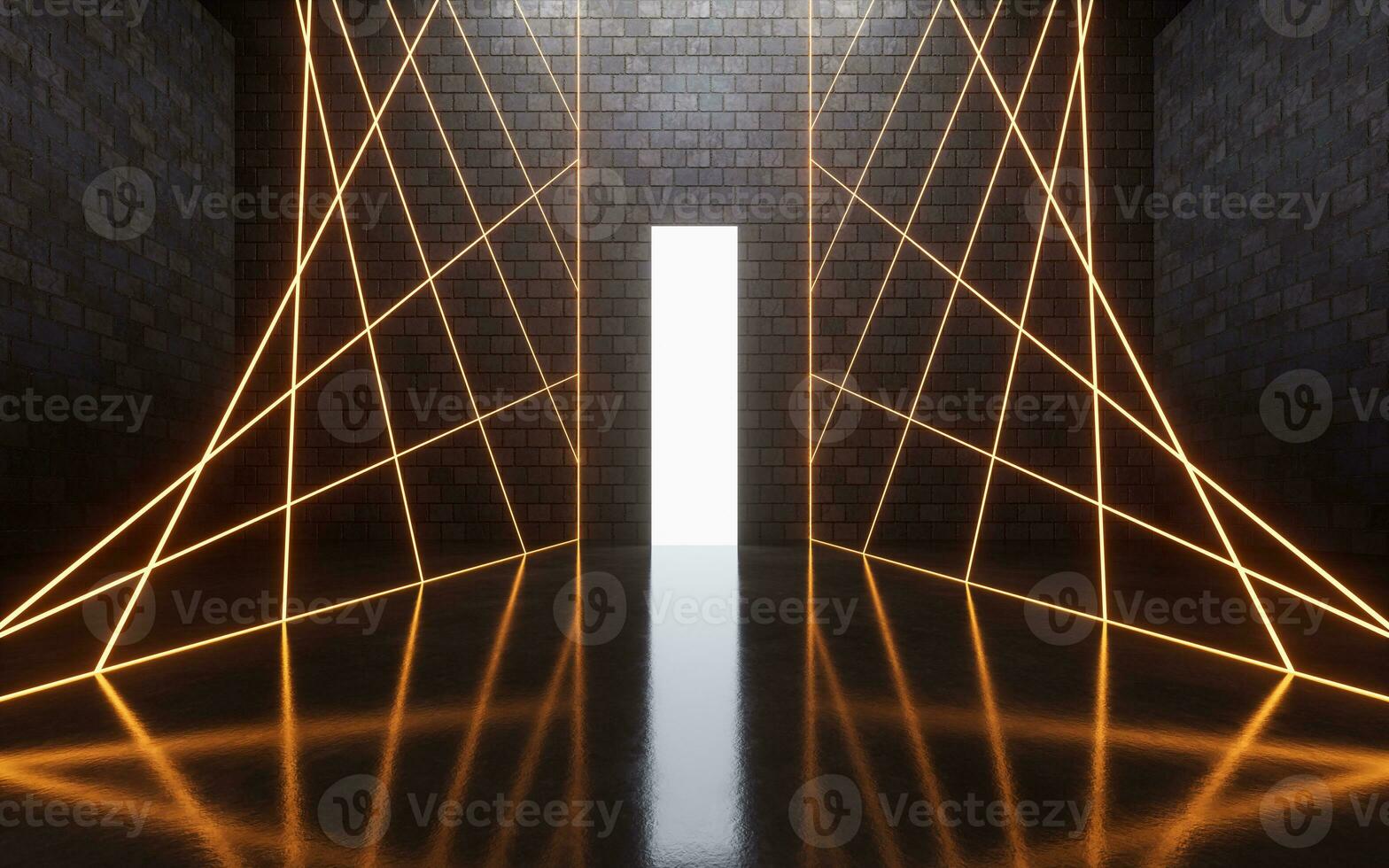 Dark brick room with neon lines, 3d rendering. photo