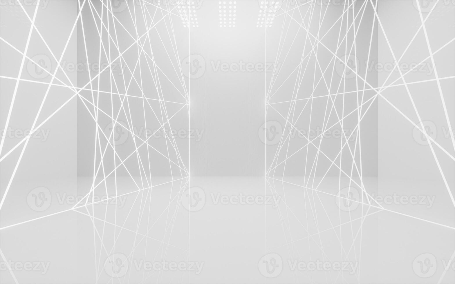 White empty room with glowing neon lines, 3d rendering. photo