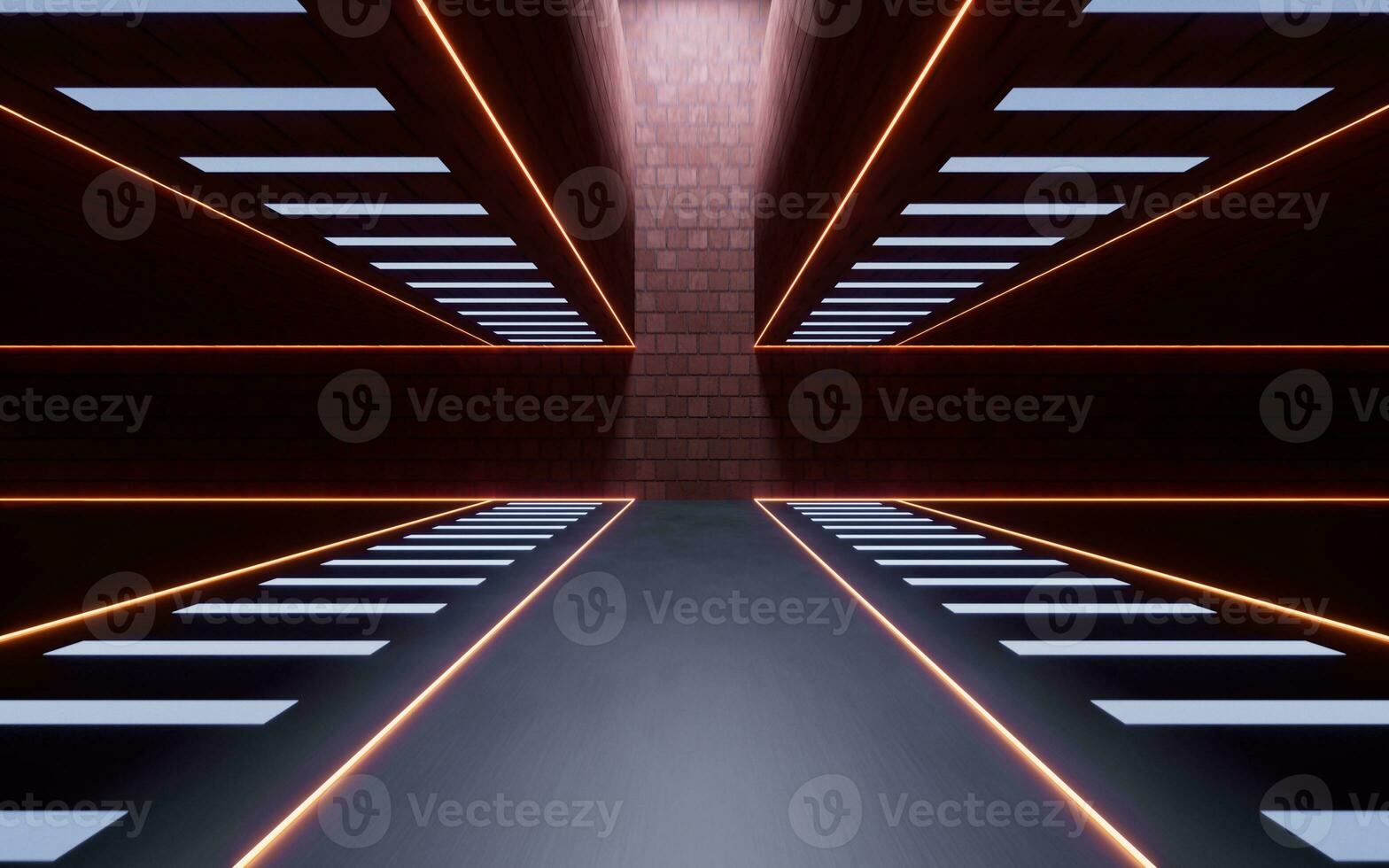 Dark brick room with neon lines, 3d rendering. photo