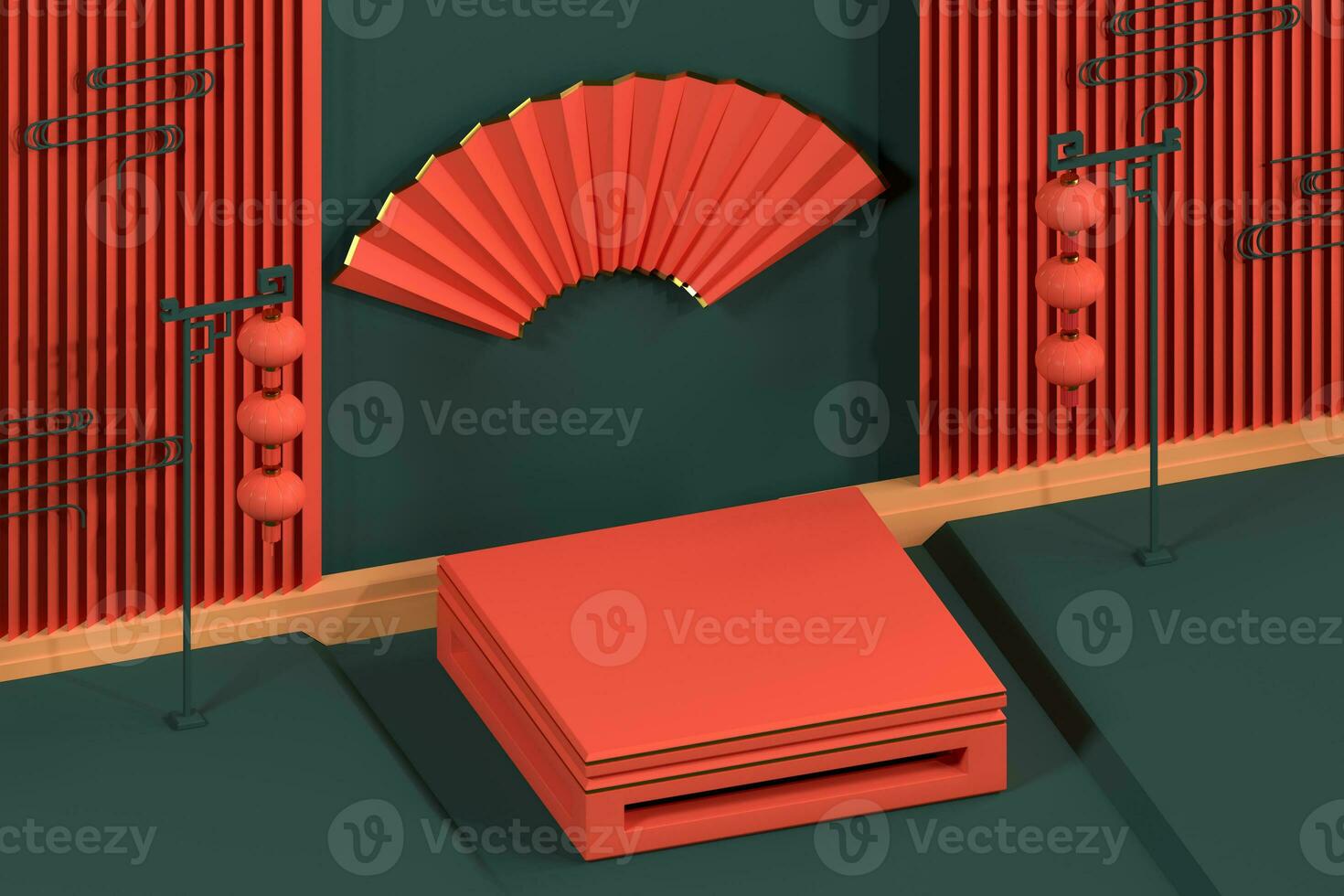 Chinese style end table and decorative background, 3d rendering. photo