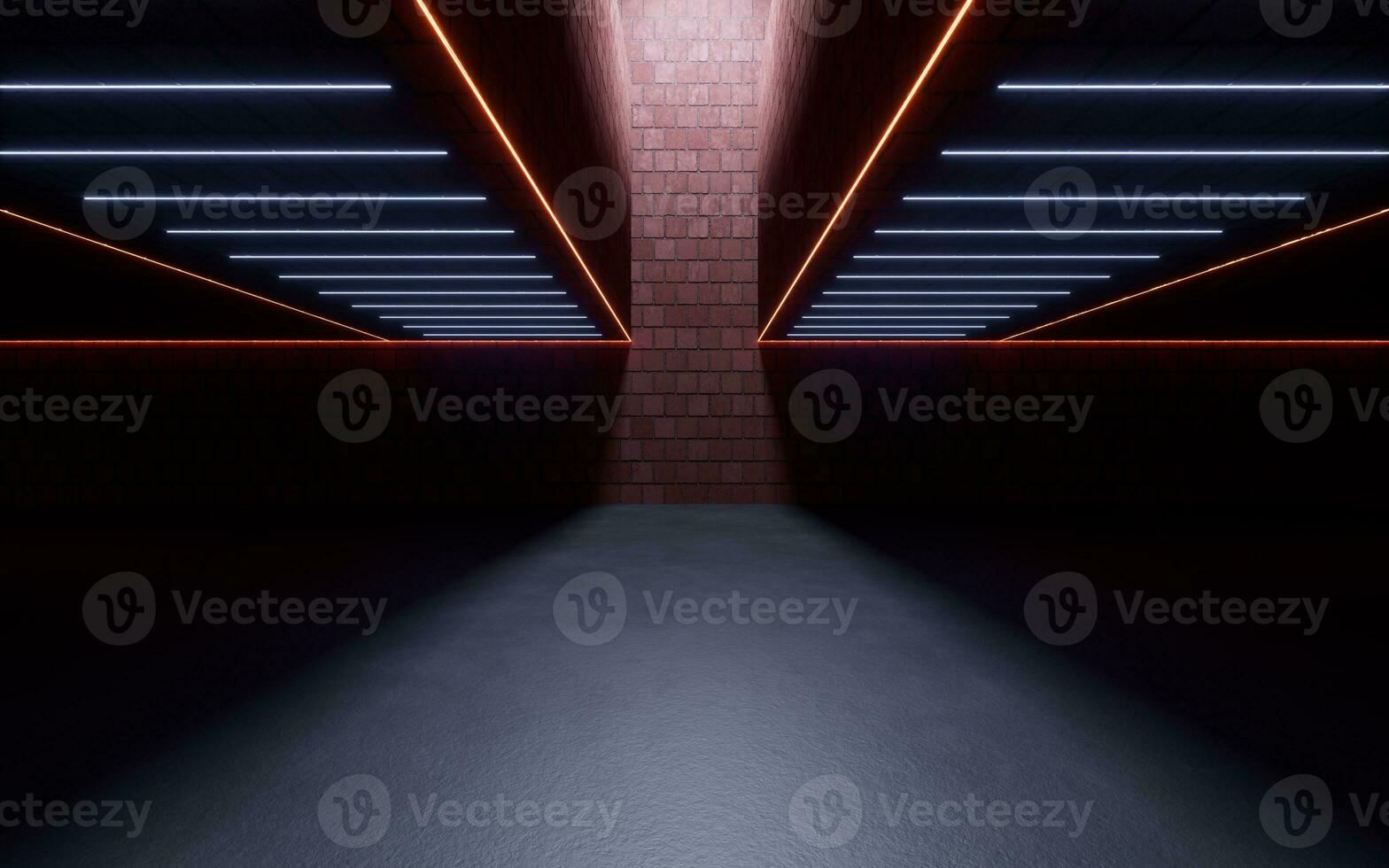 Dark brick room with neon lines, 3d rendering. photo