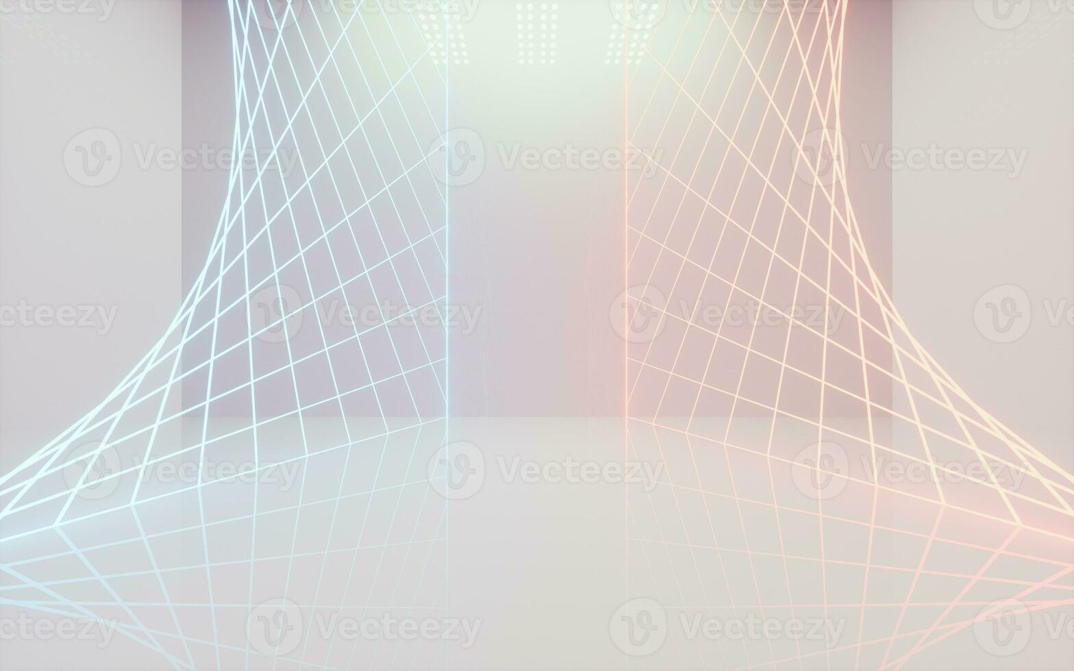 White empty room with glowing neon lines, 3d rendering. photo