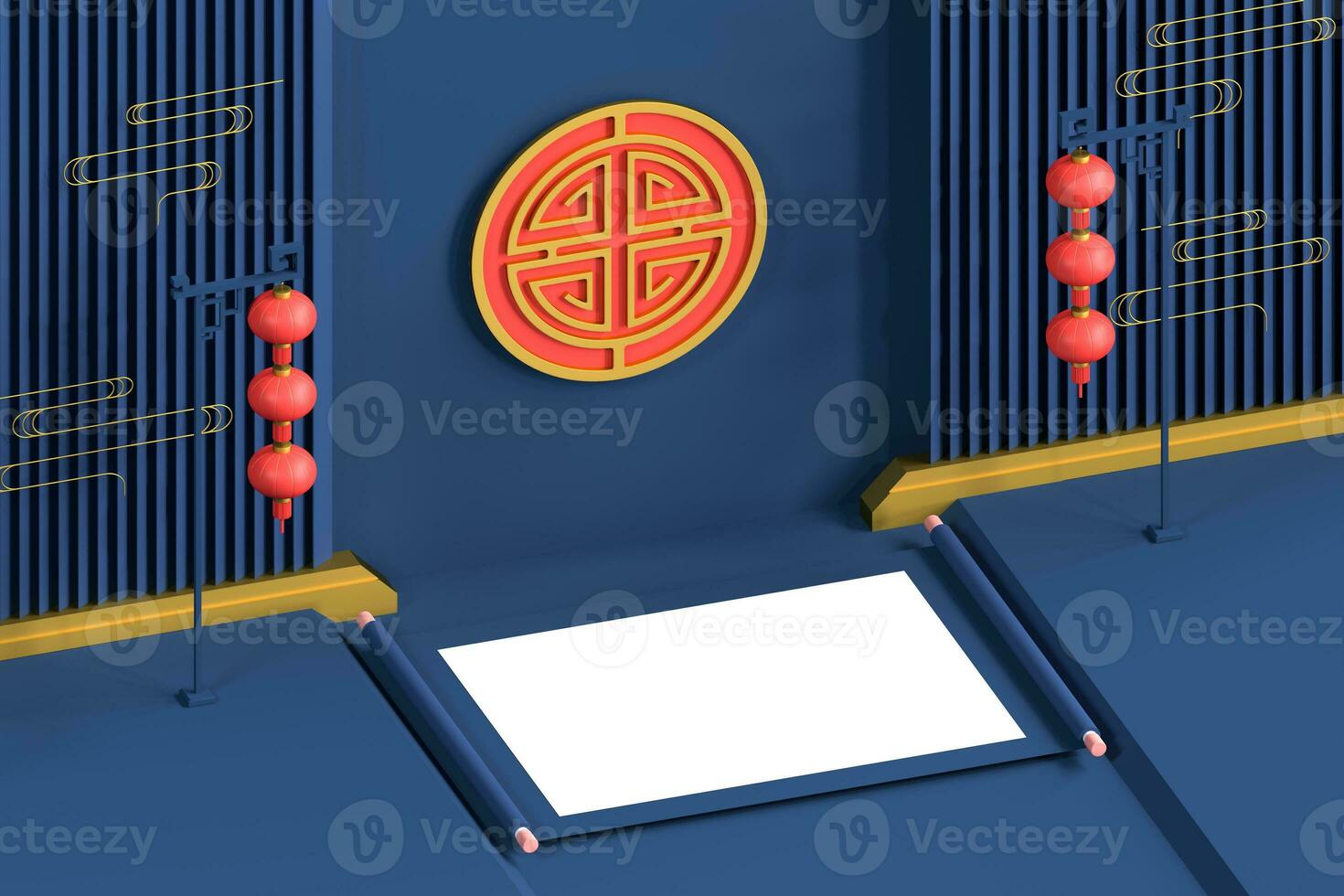 Blank Chinese ancient reel with festive background, 3d rendering. photo