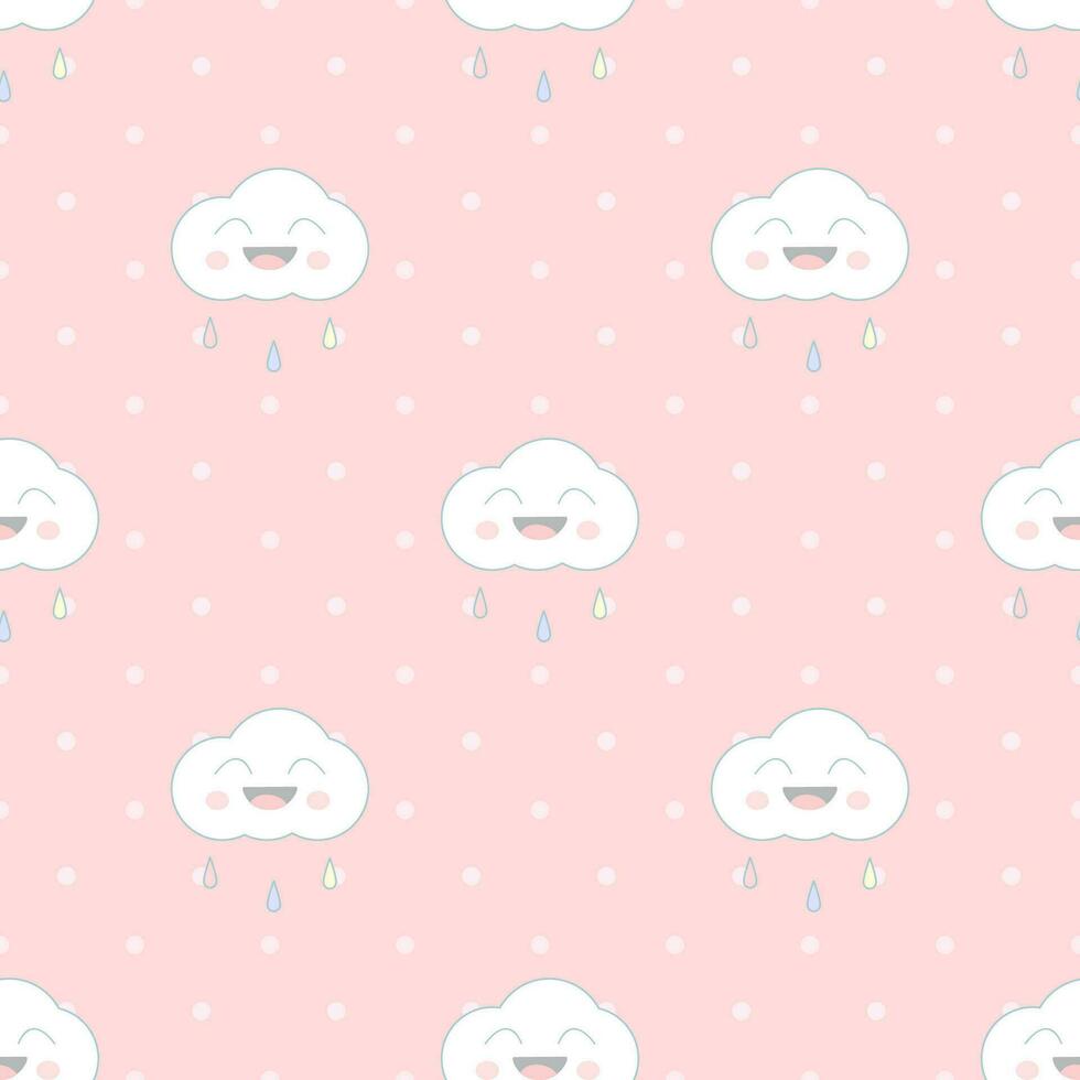 Cute seamless cloud pattern decorated with rain and polka dots on a pink background in a pastel theme. vector