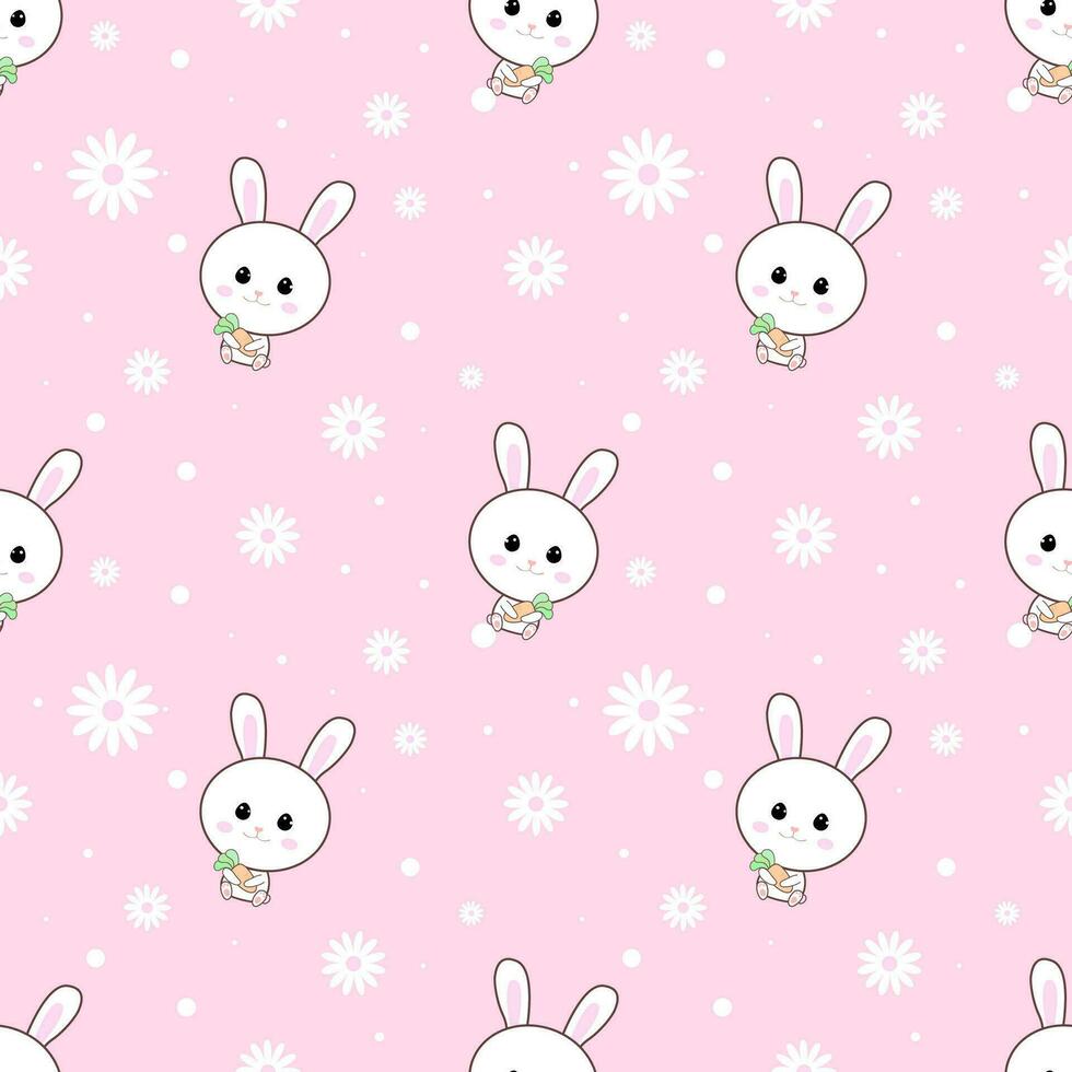 Cute rabbits with flowers and circles seamless pattern on pink background. vector
