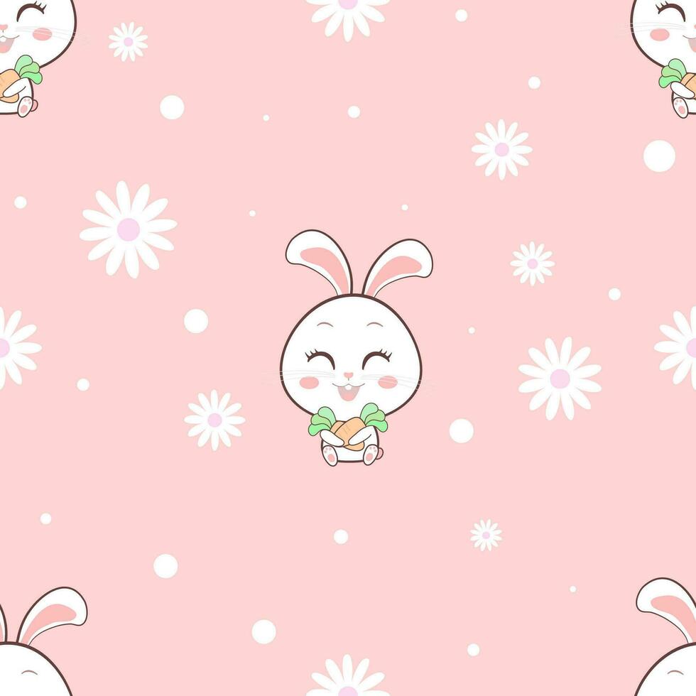 Cute bunny with flowers and leaves seamless pattern on pastel pink background. vector