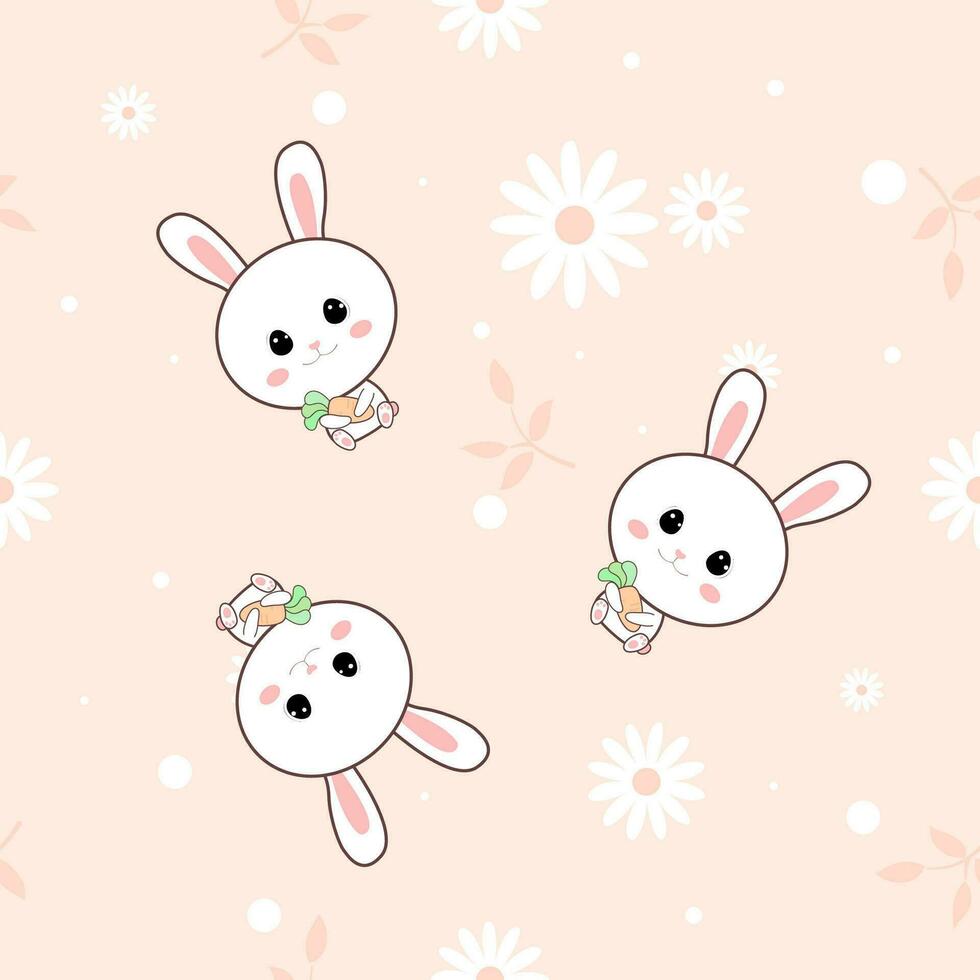 Cute bunny with flowers and leaves seamless pattern on pastel pink background. vector