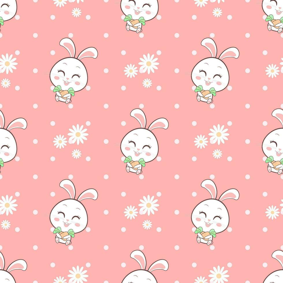 Cute bunny with flowers and leaves seamless pattern on pastel pink background. vector