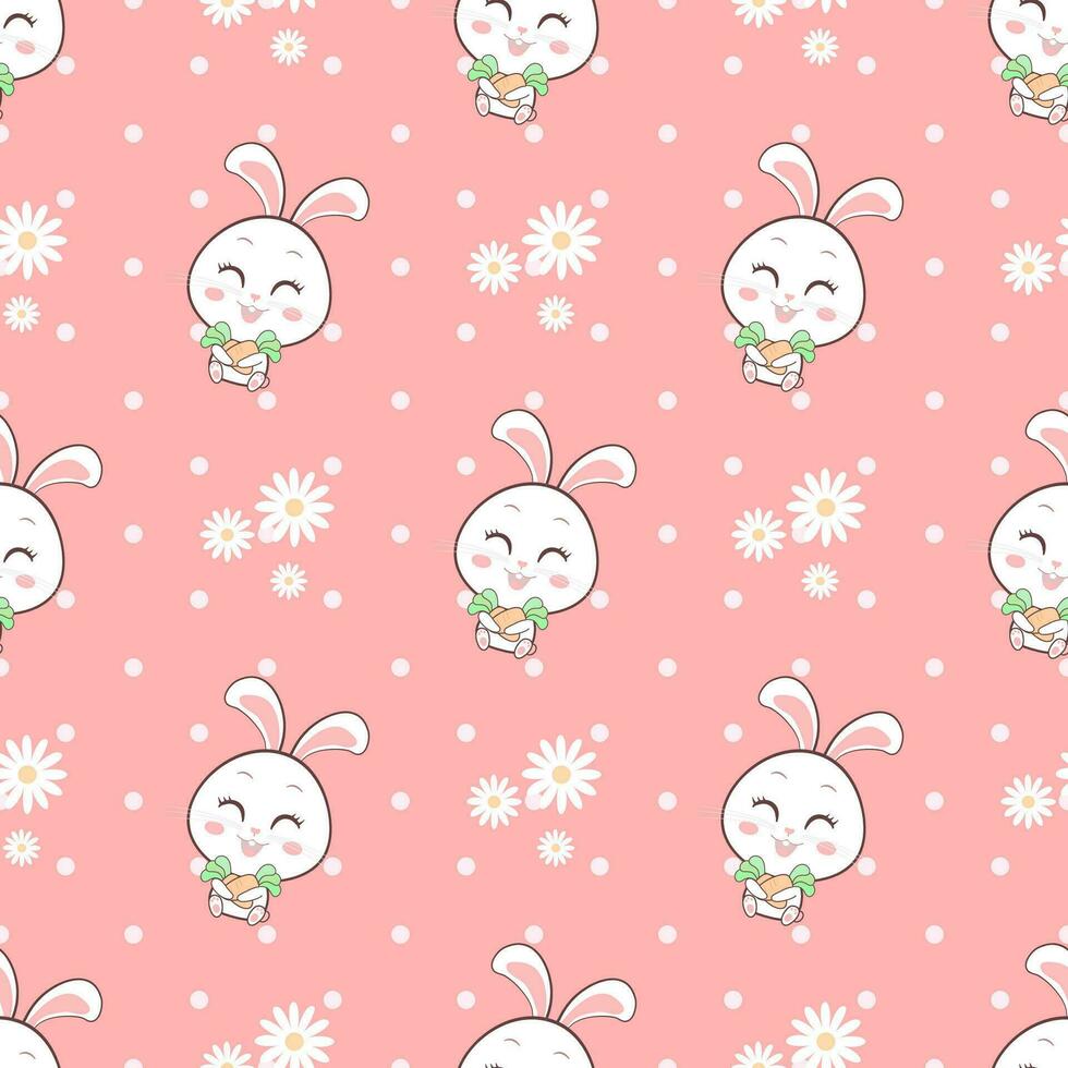 Cute bunny with flowers and leaves seamless pattern on pastel pink background. vector