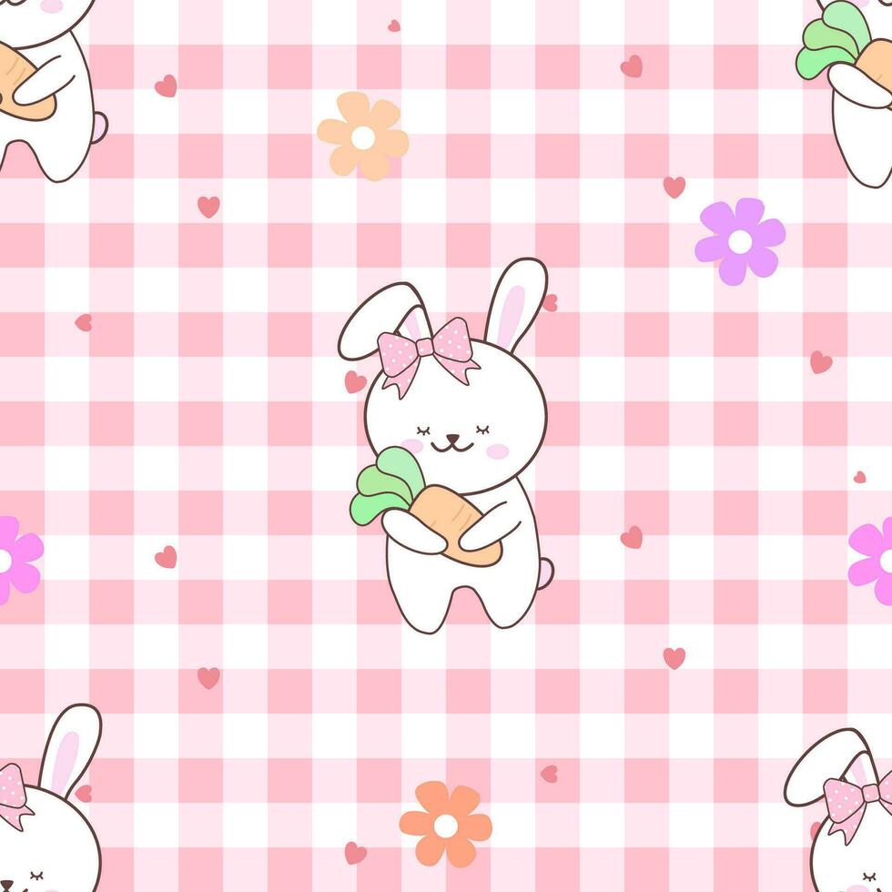 Cute rabbits with flowers and hearts seamless pattern on pink plaid fabric background. vector