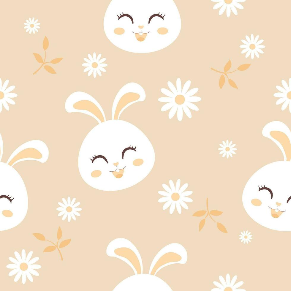 Cute bunny with flowers and leaves seamless pattern on pastel pink background. vector