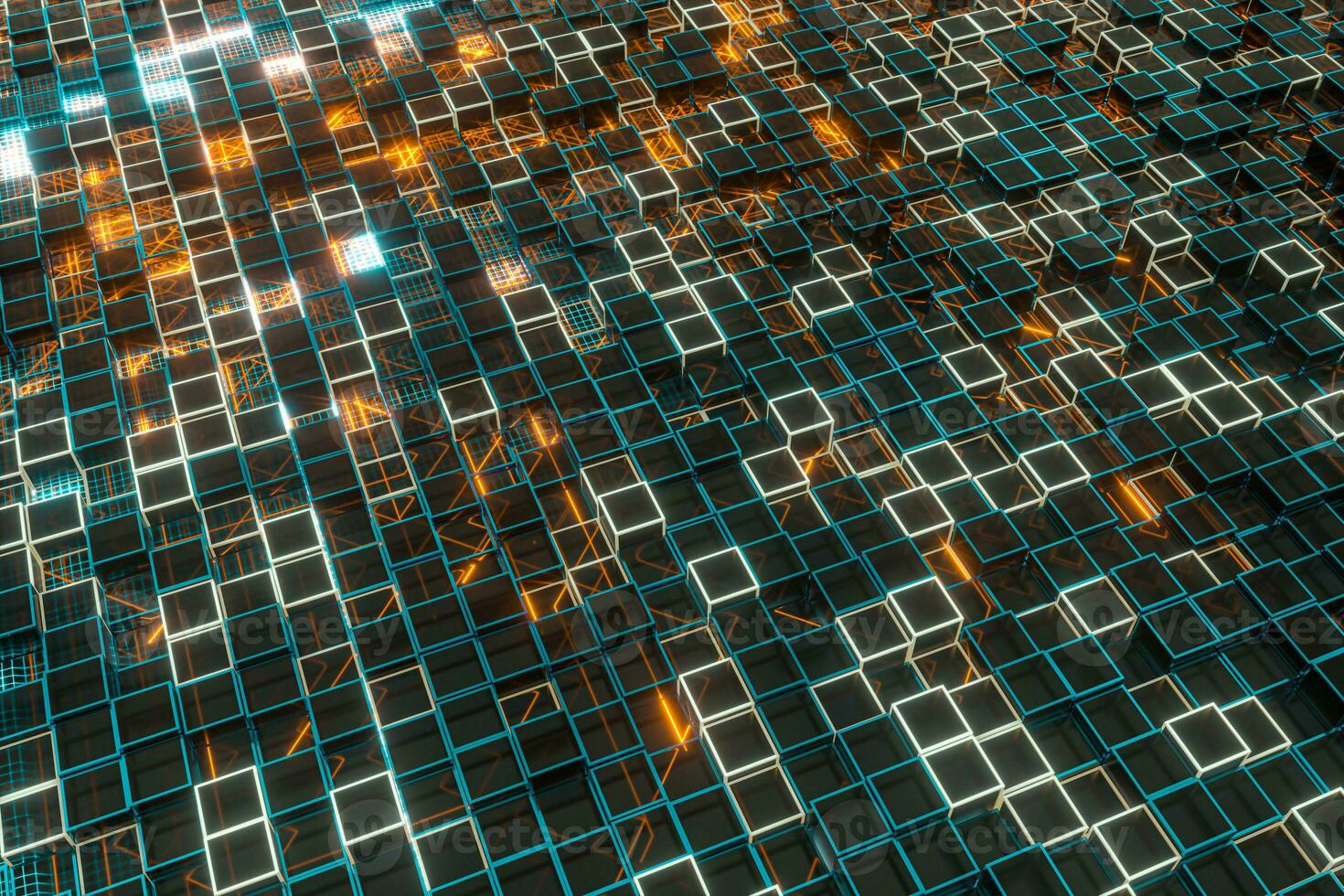 Glowing cubes block, glass material, 3d rendering. photo