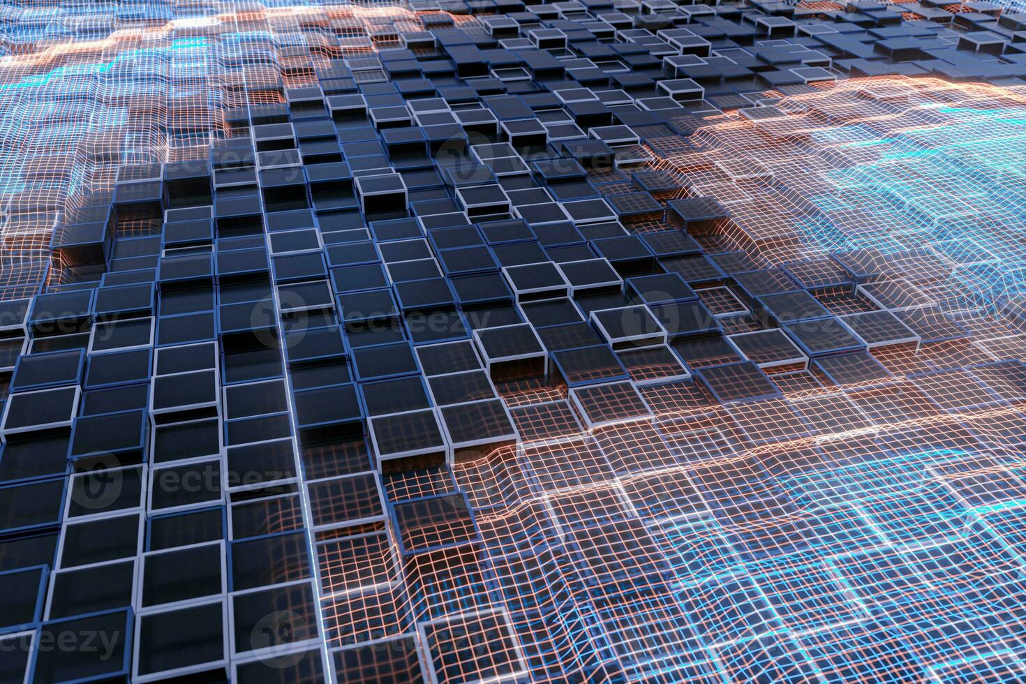 Glowing cubes block, glass material, 3d rendering. photo