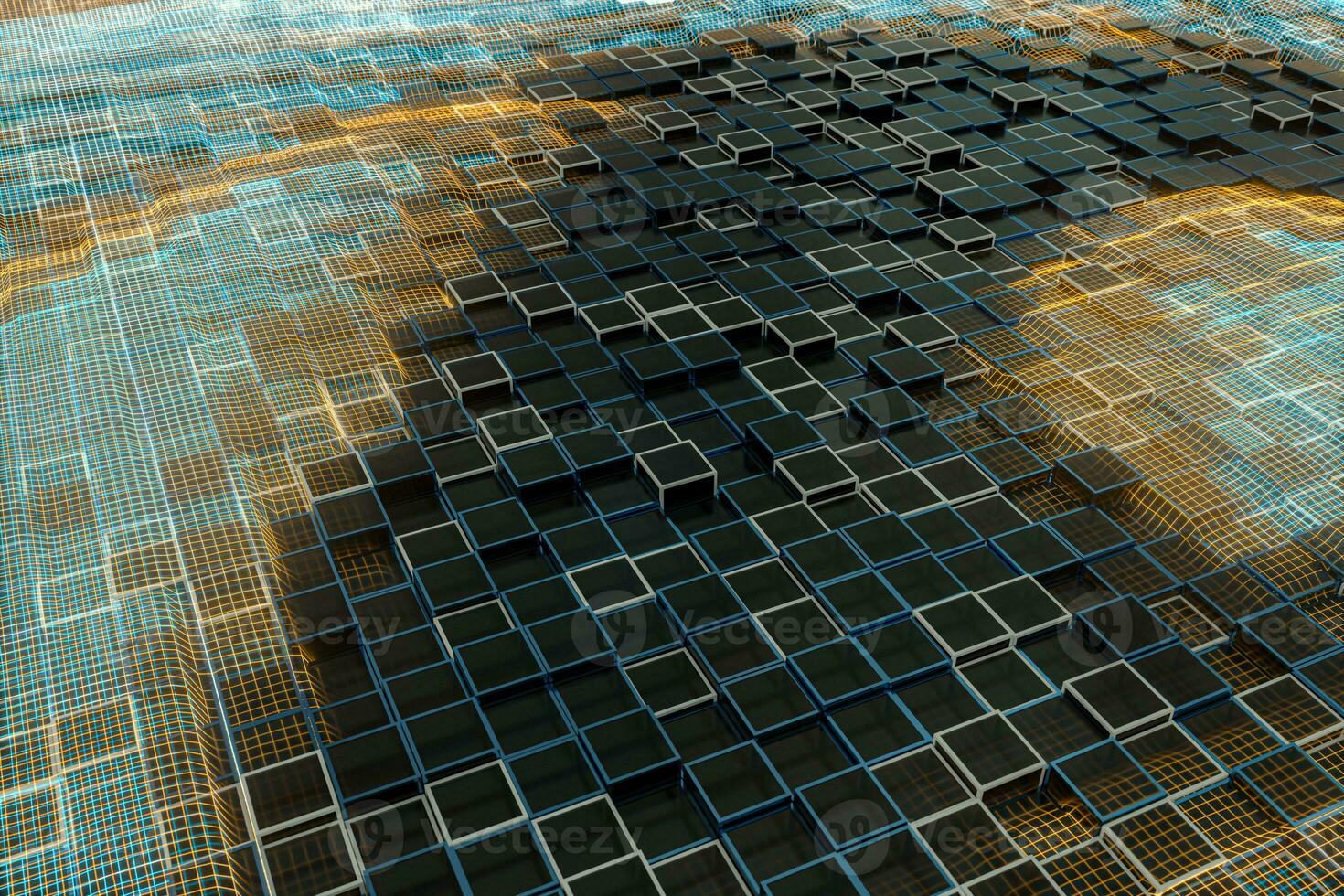 Glowing cubes block, glass material, 3d rendering. photo