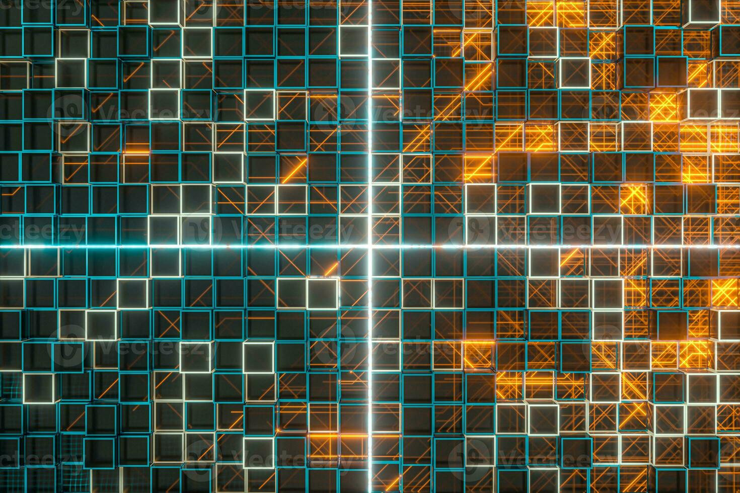 Glowing cubes block, glass material, 3d rendering. photo