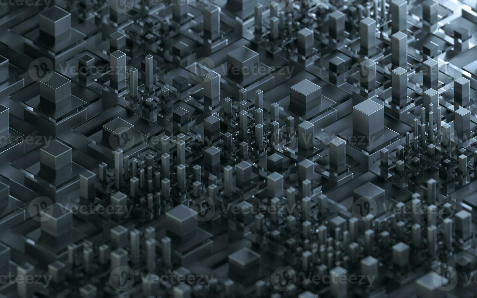 Technological cubes with black background, 3d rendering. photo