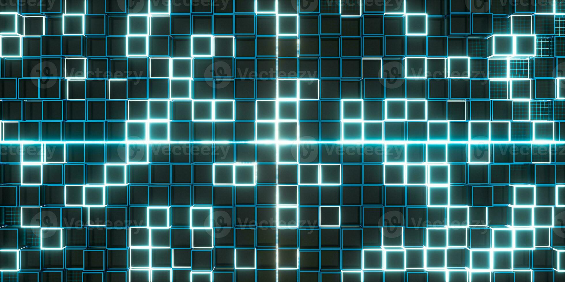 Glowing cubes block, glass material, 3d rendering. photo