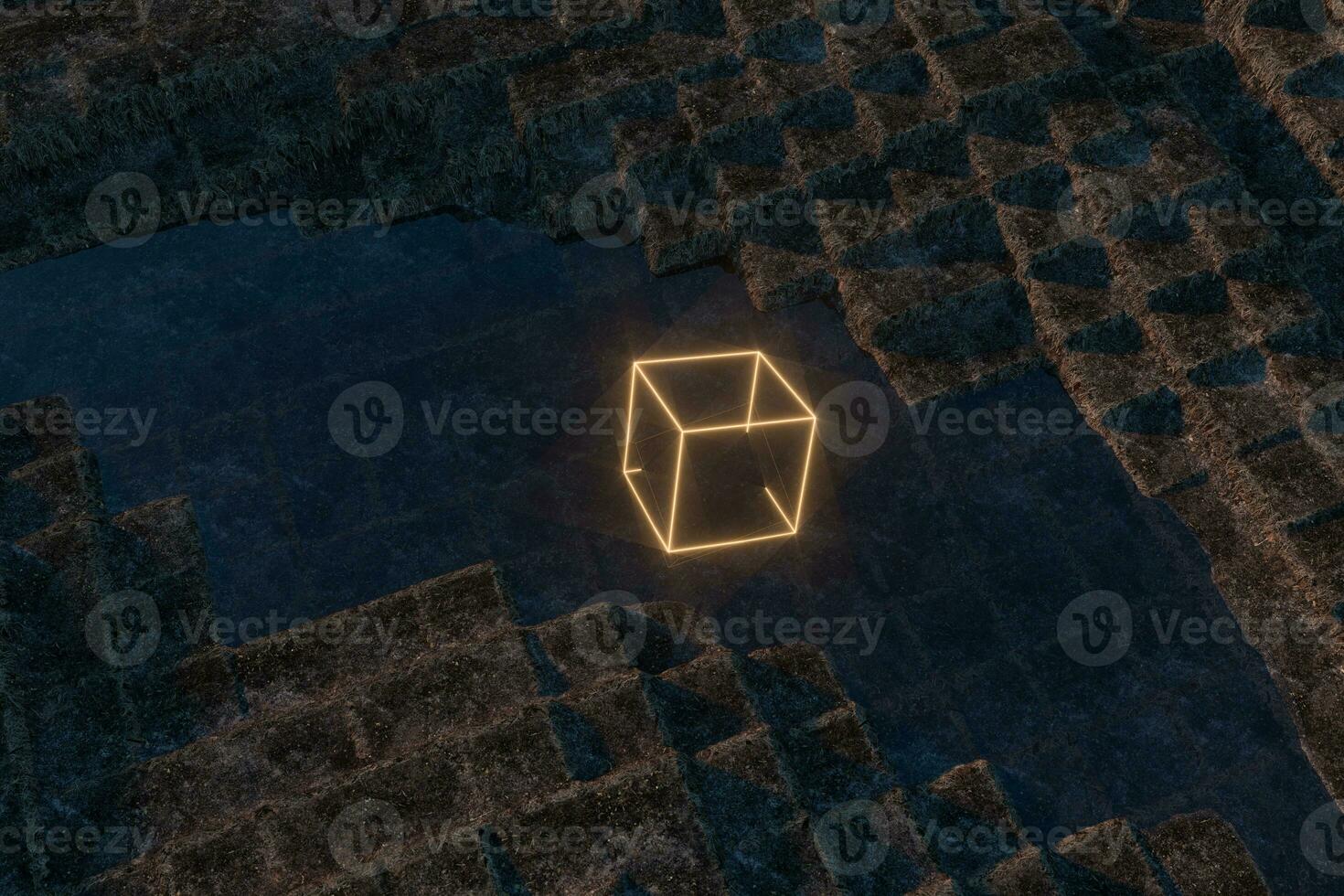Glowing cubes block, glass material, 3d rendering. photo