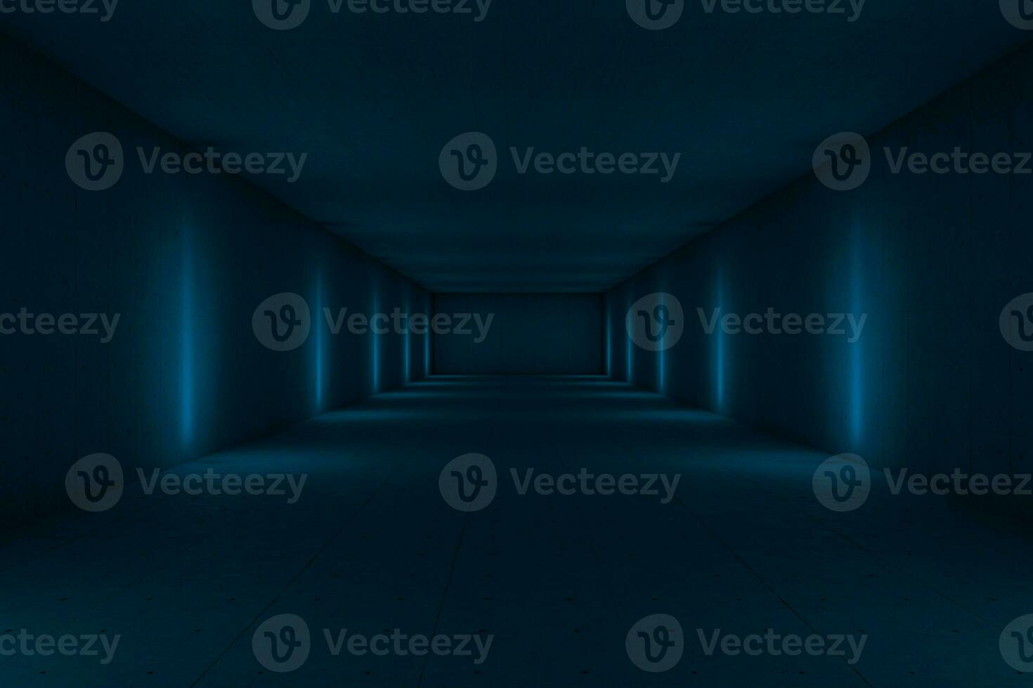 Blue dark tunnel with lights aside, 3d rendering. photo