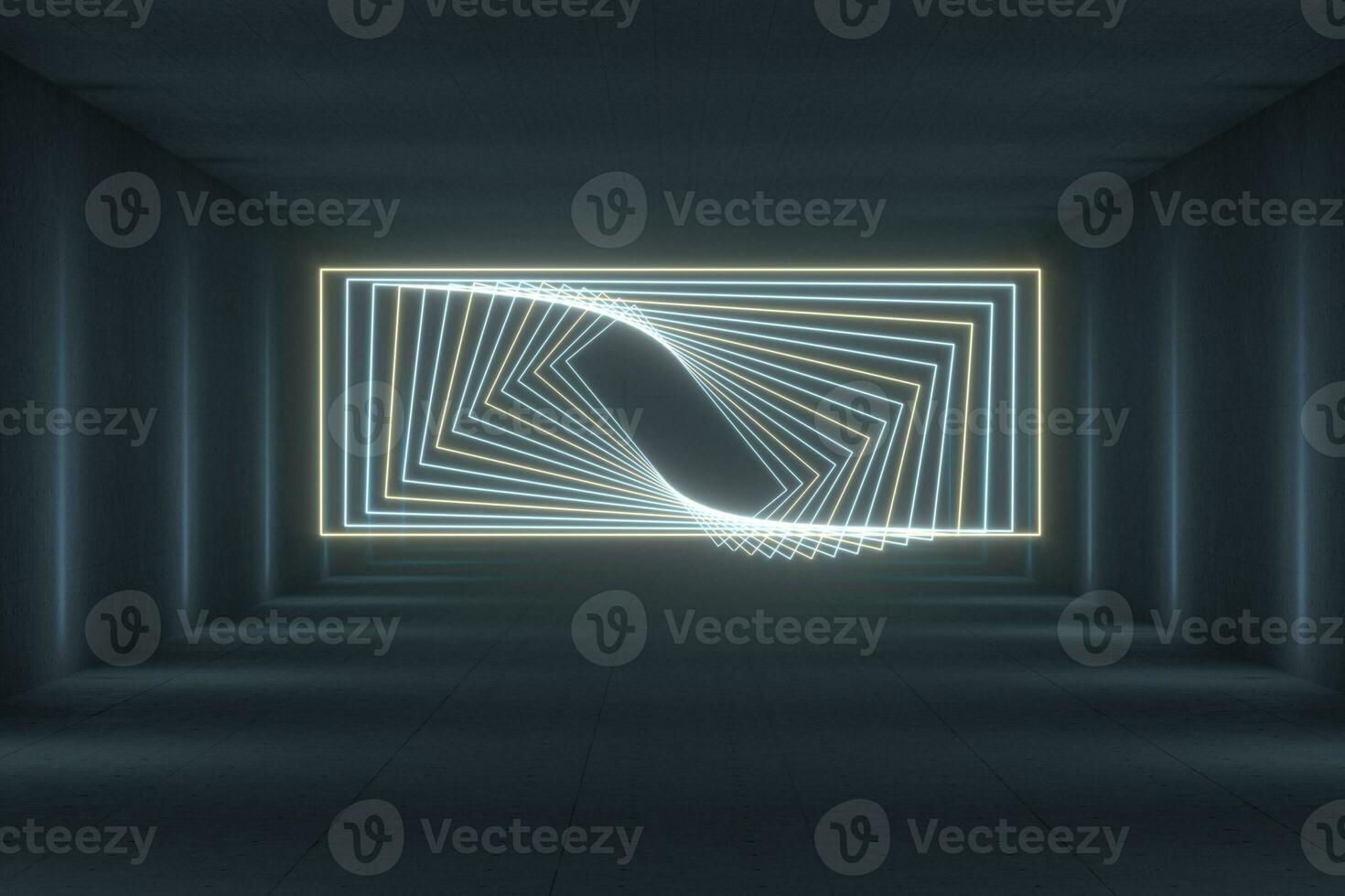 Glowing rectangle lines in the dark tunnel, 3d rendering. photo
