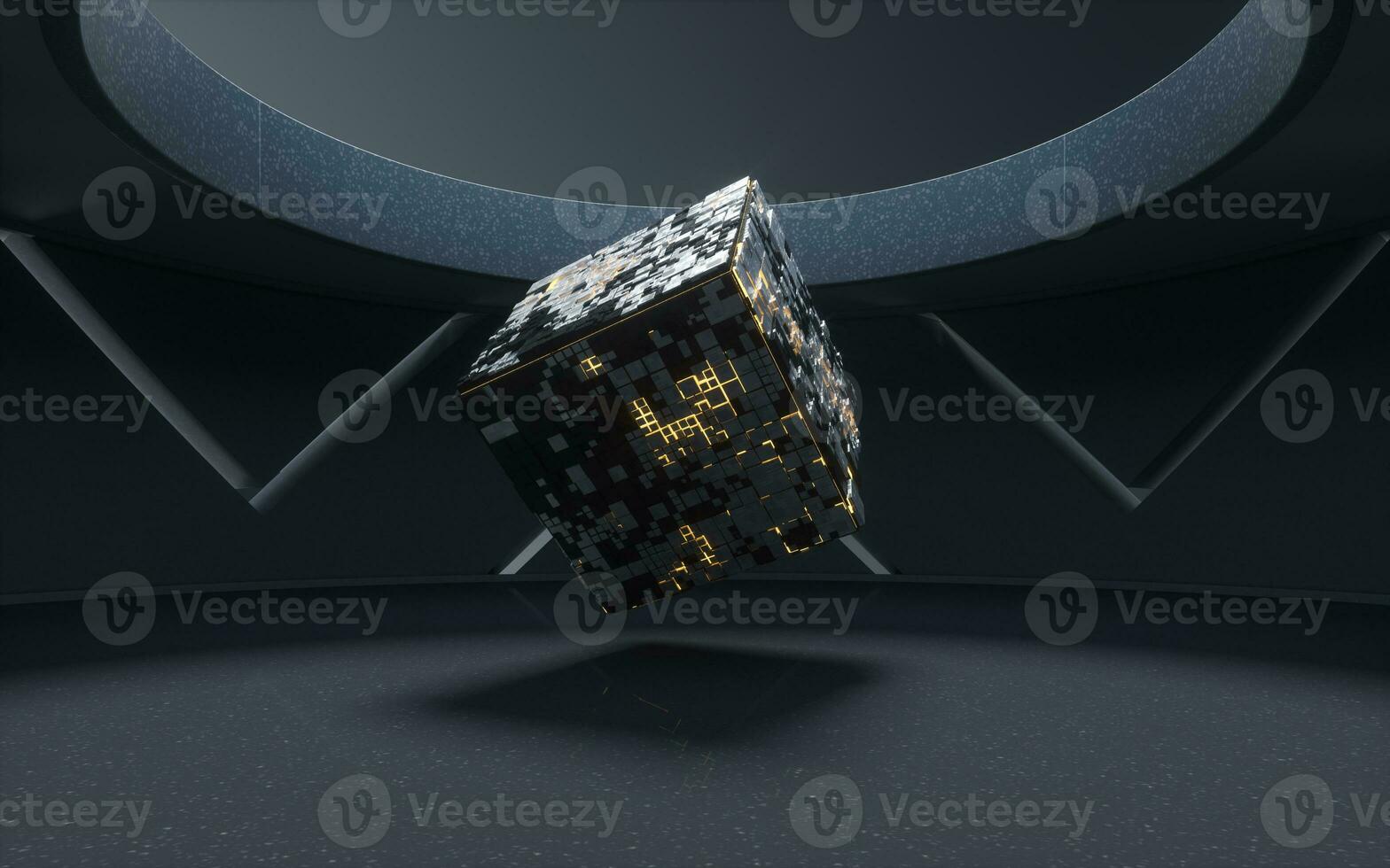 Cubes and materials with dark room, 3d rendering. photo