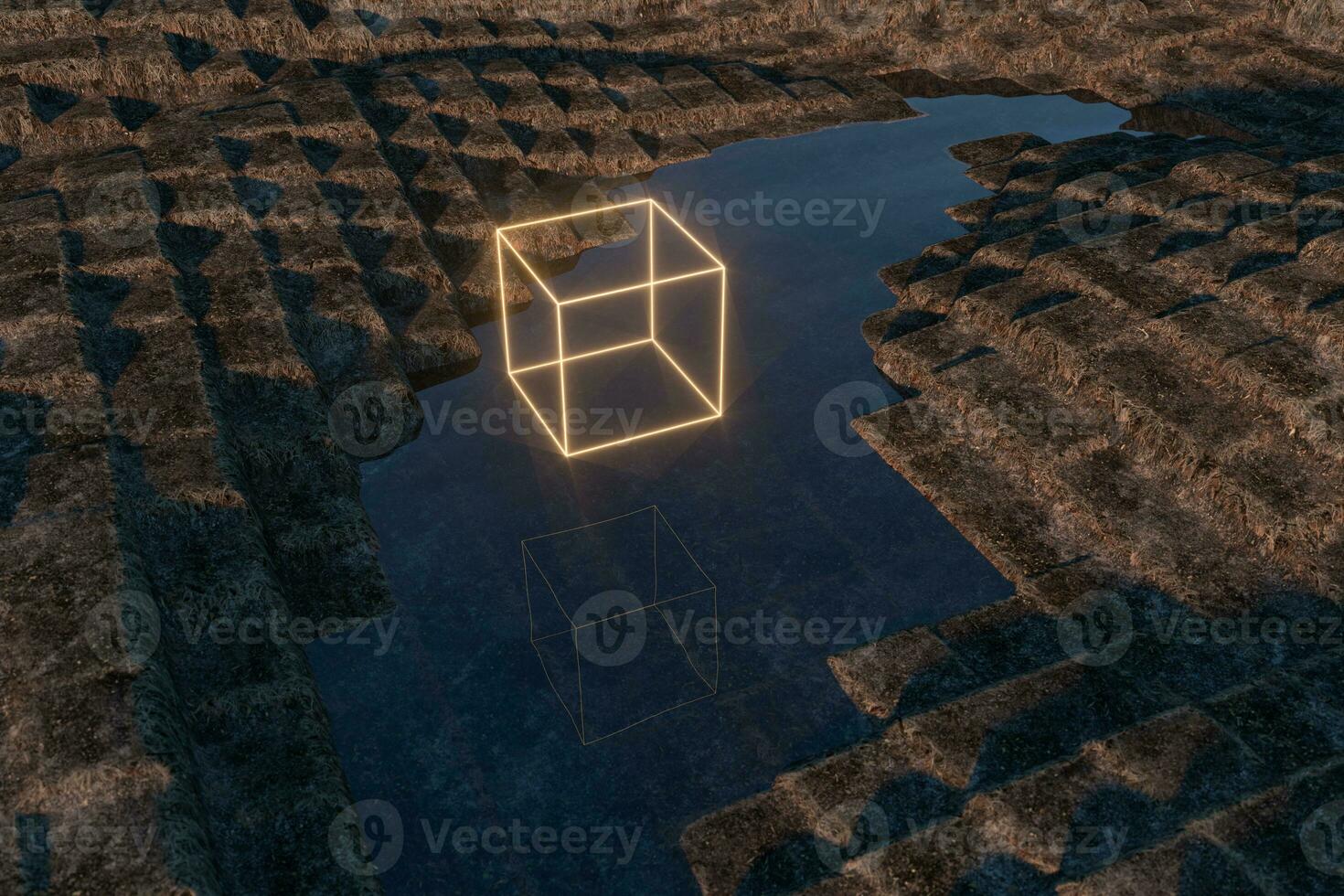 Glowing cubes block, glass material, 3d rendering. photo