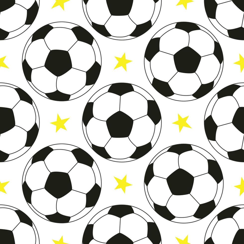 Vector seamless pattern with soccer balls and stars in cartoon style. Football pattern design