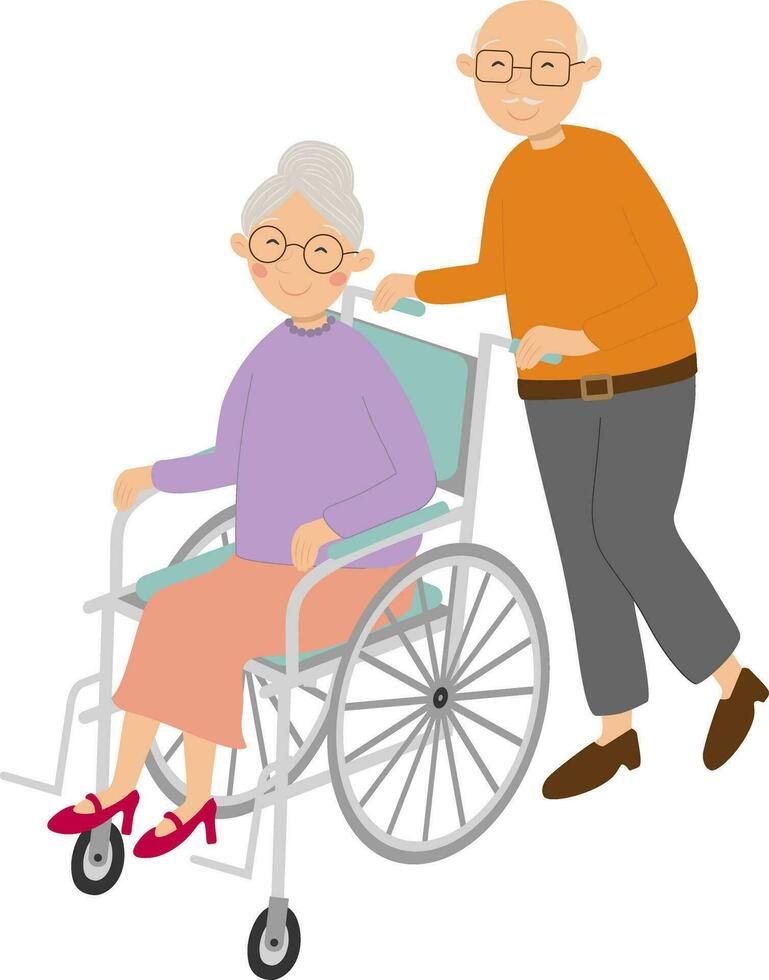 Vector illustration of old woman and man in wheelchair in cartoon style. Grandma and grandma characters