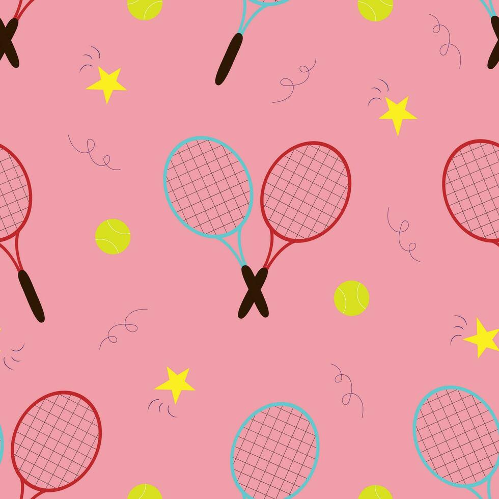 Vector seamless pattern with tennis rackets and balls in cartoon style. Vector tennis background