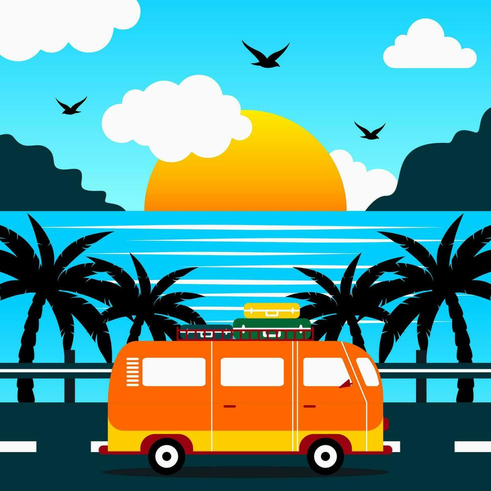 sunrise view design view of mountains and birds as well as cars and shady trees vector illustration