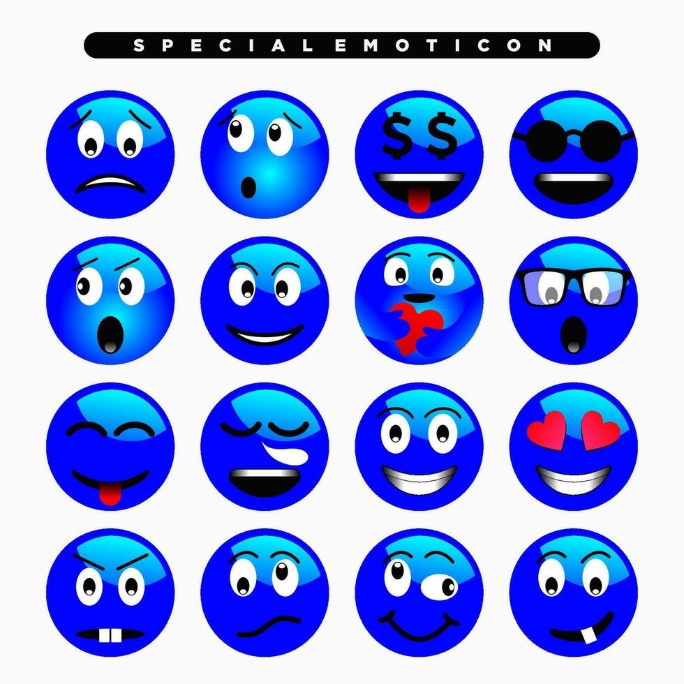 blue cute emoji icon with various facial expressions vector