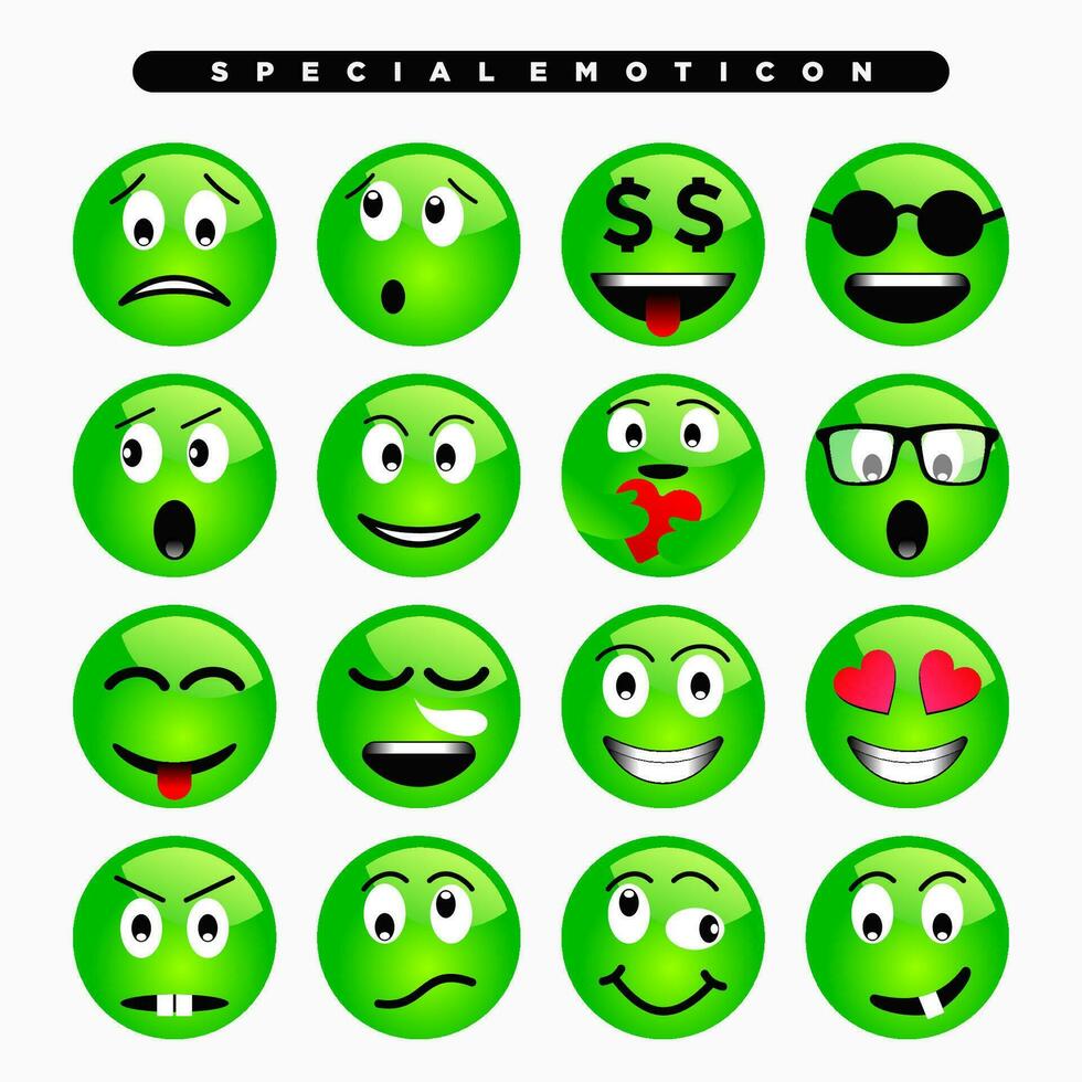 green cute emoji icon with various facial expressions vector