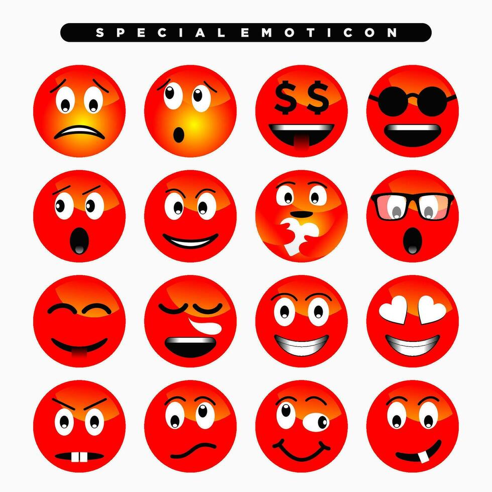 red cute emoji icon with various facial expressions vector