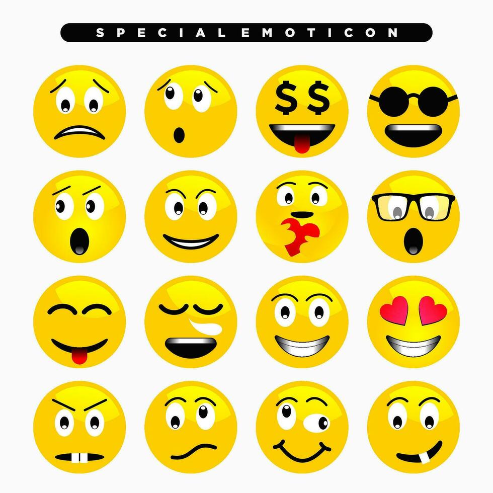 yellow cute emoji icon with various facial expressions vector