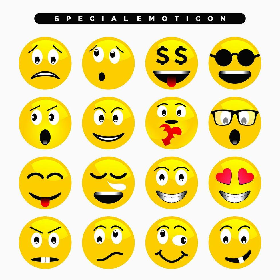 amarillo linda emoji icono con varios facial expresiones vector