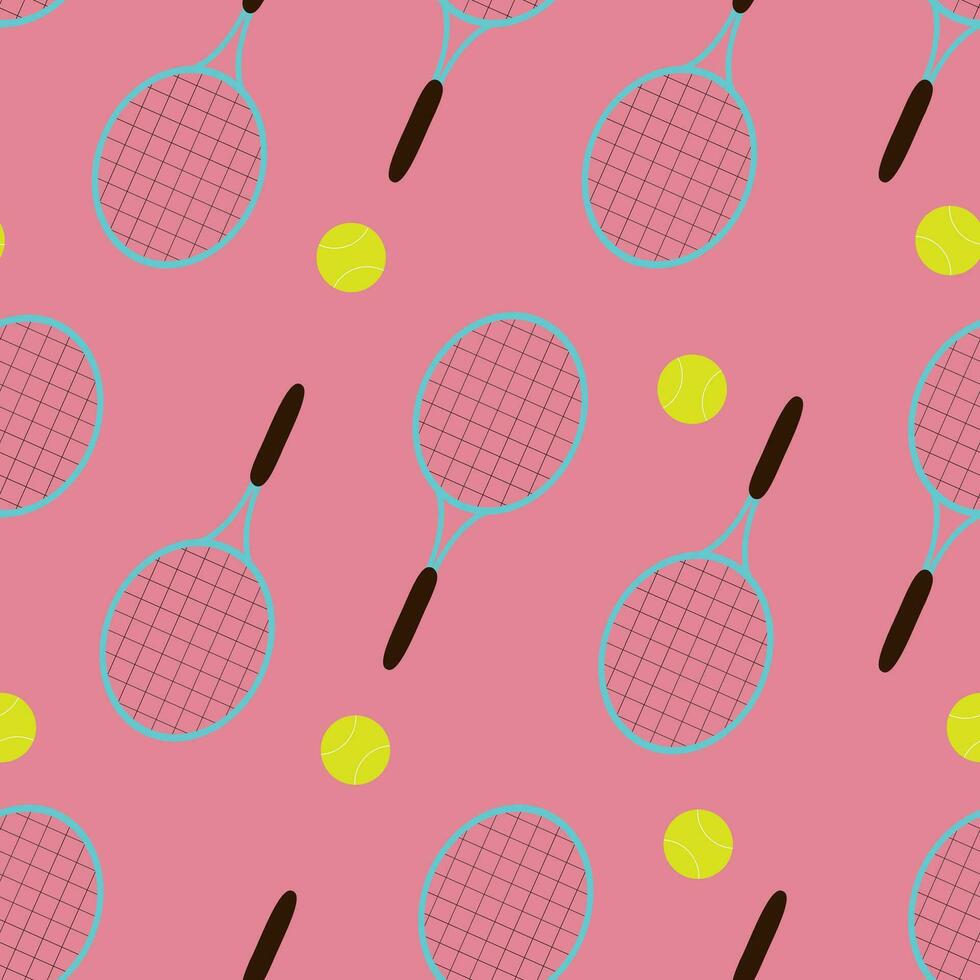 Vector seamless pattern with tennis rackets and balls in cartoon style. Vector tennis background