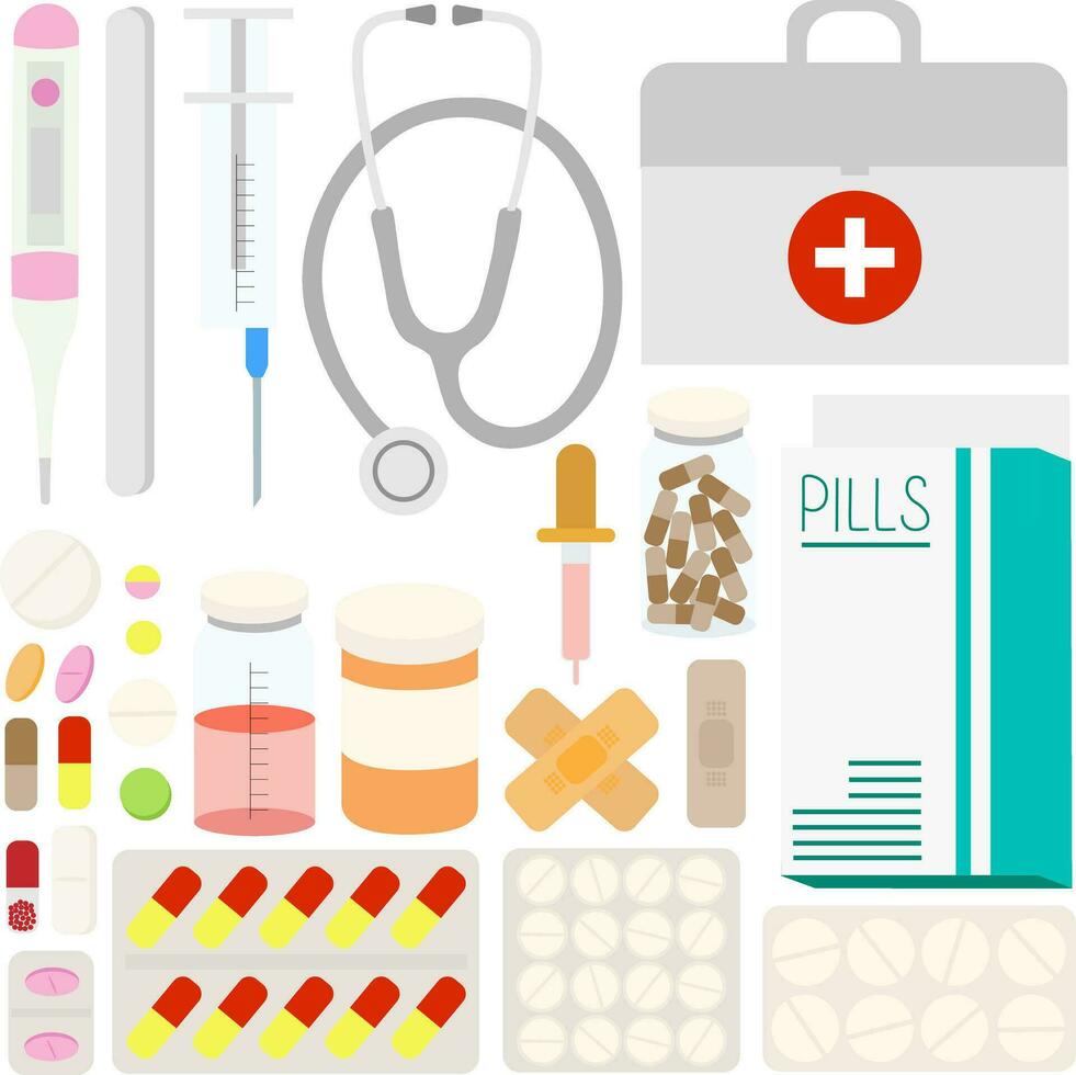 Vector medical clip art with first aid kit, pills, stethoscope