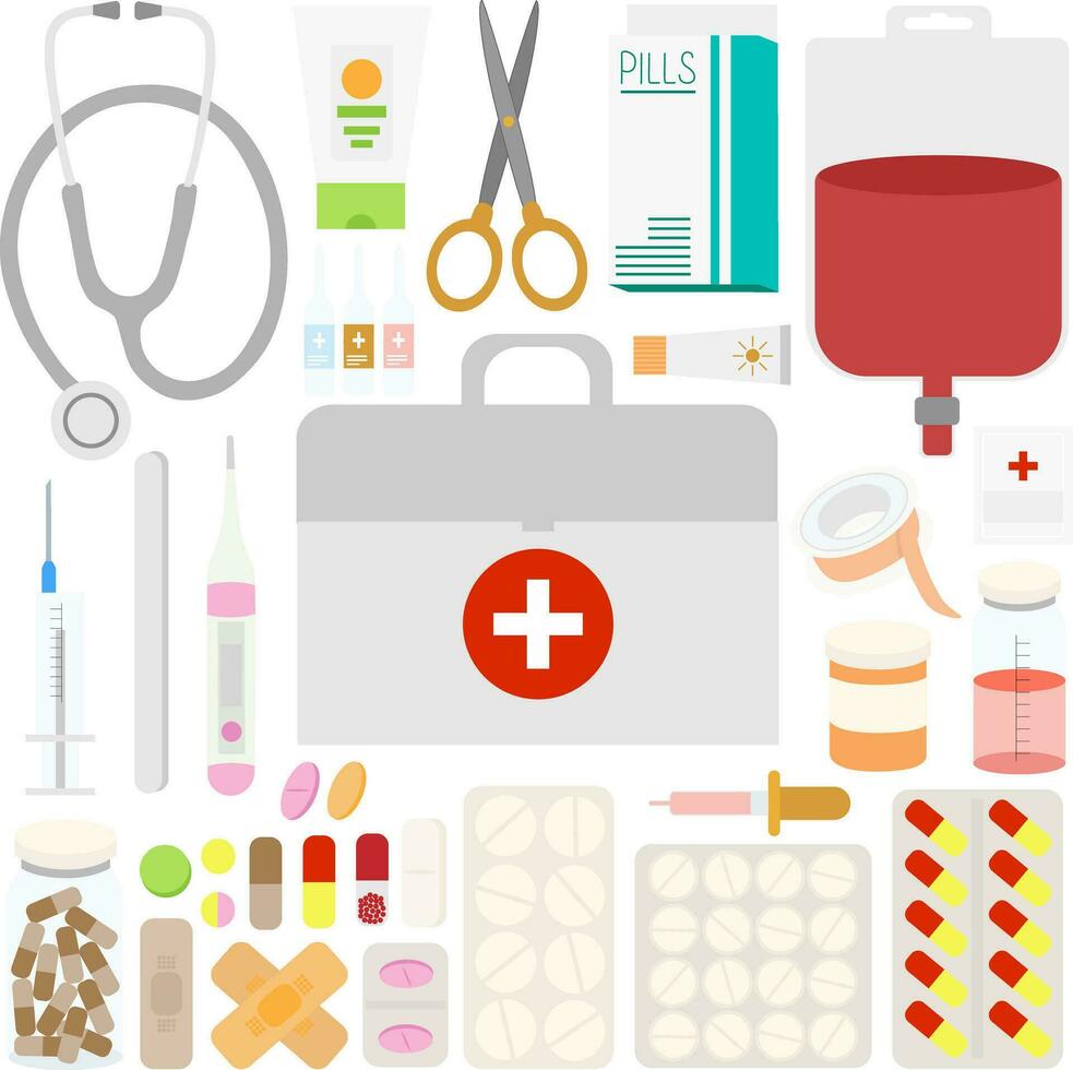 first aid kit, medicines, pills, syringe, plaster, blood bag icons vector