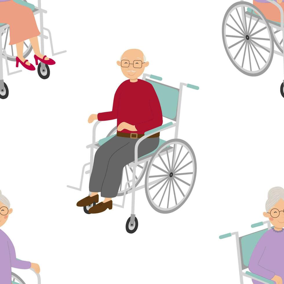 Vector seamless pattern with old man and woman characters in wheelchairs in cartoon style