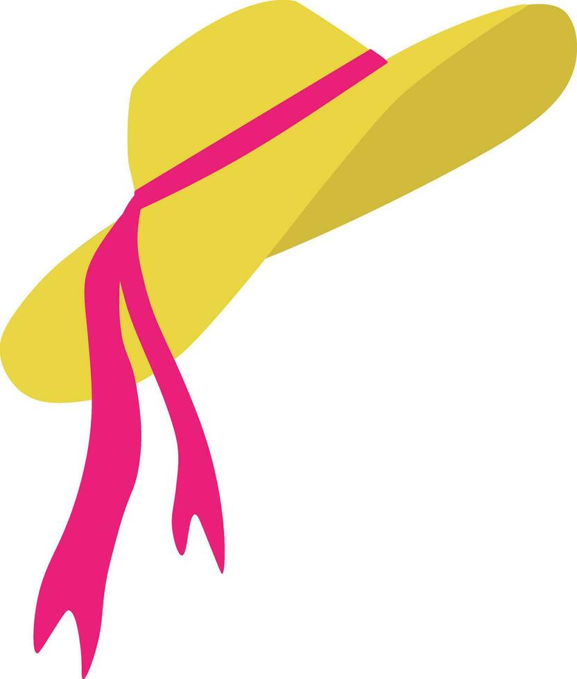Vector illustration of straw hat with pink ribbon in cartoon style. Female straw retro hat