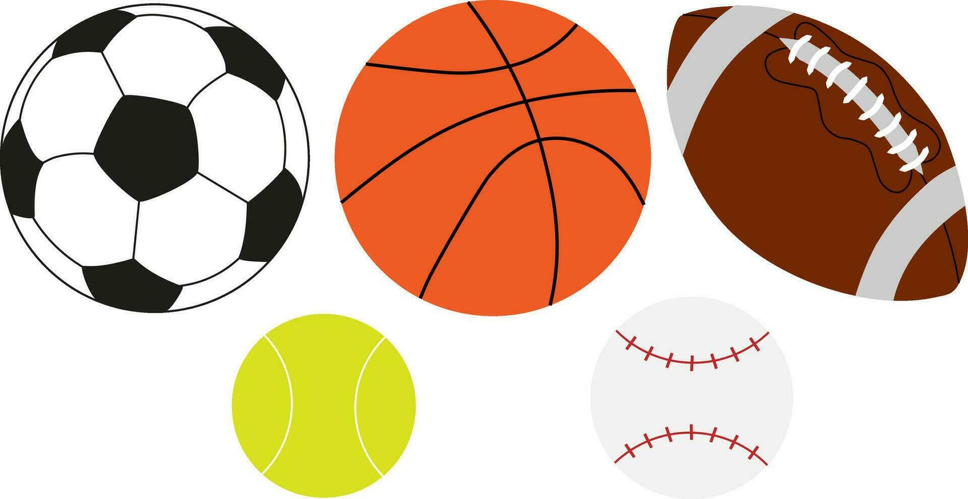 Vector illustration of sports balls. Vector soccer ball, basketball, rugby ball, tennis ball and baseball