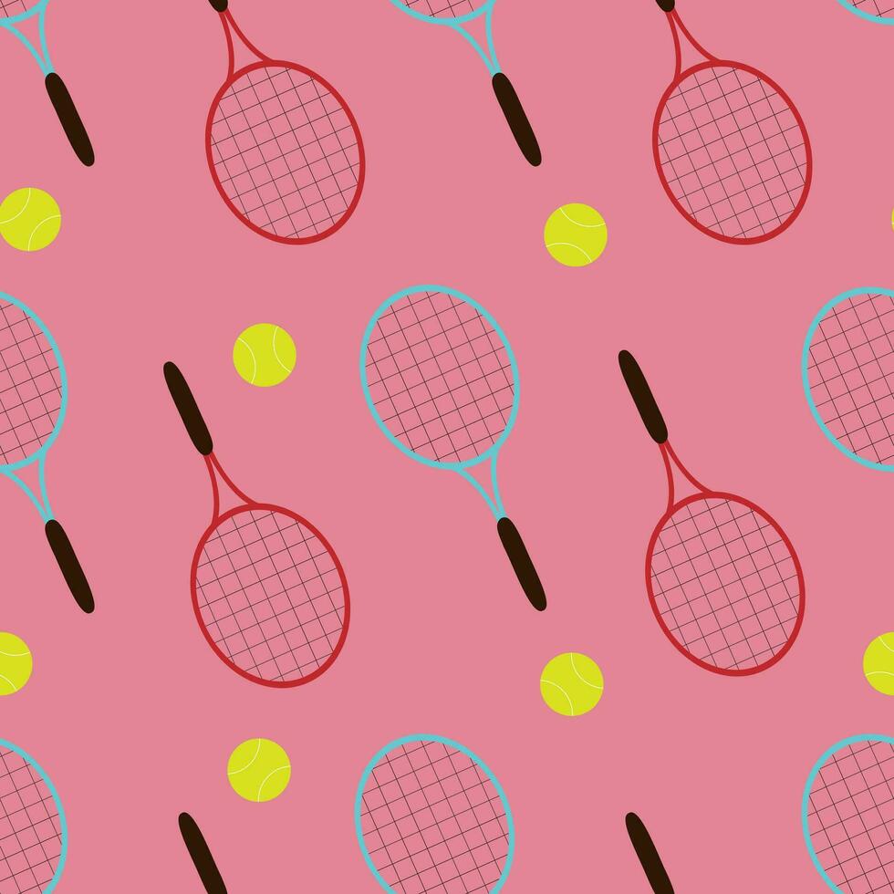 Vector seamless pattern with tennis rackets and balls in cartoon style. Vector tennis background