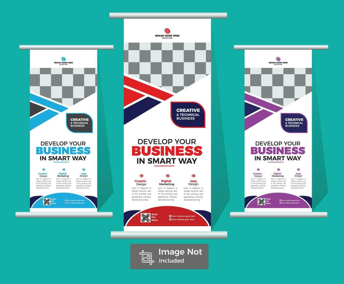 Modern corporate colorful roll-up standee banner with Creative Shapes design template . vector