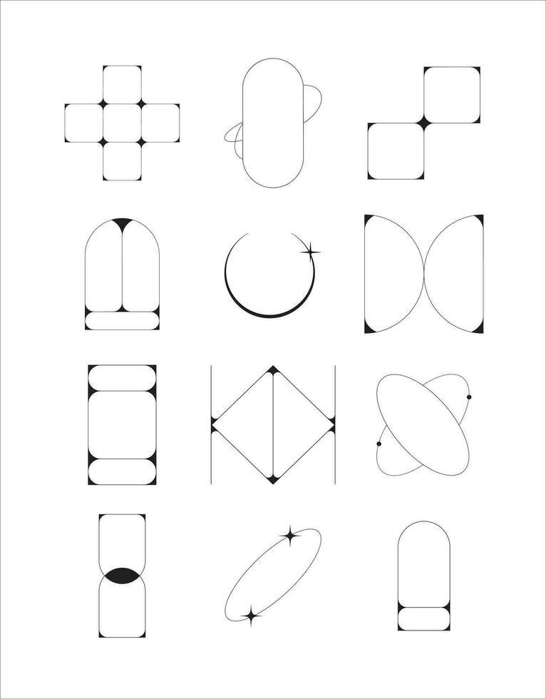 moderno minimalista estético línea elementos de moda lineal marco con espumoso estrella arco marco. distinto estético oval elementos y curvo línea marcos con destellos vector